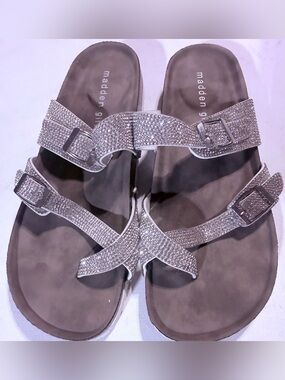 Madden Girl Silver Crystal Buckle Slide Sandals